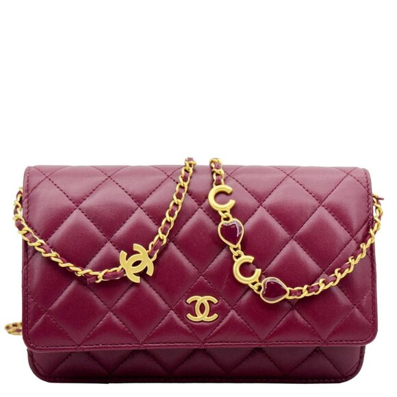 Chanel  Coco Hearts Quilted Leather Wallet On Chain WOC Burgundy - Picture 1 of 14